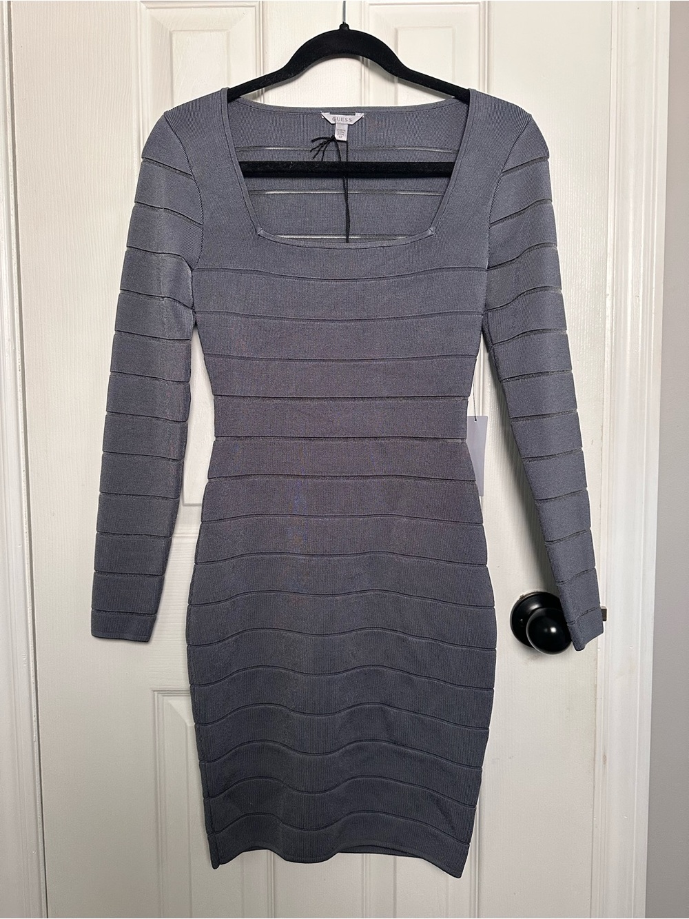 Fitted Square-Neck Bandage Dress in Gray by Guess Size S